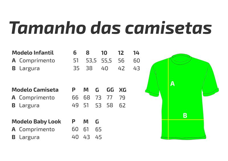 Tabela de medidas das camisetas